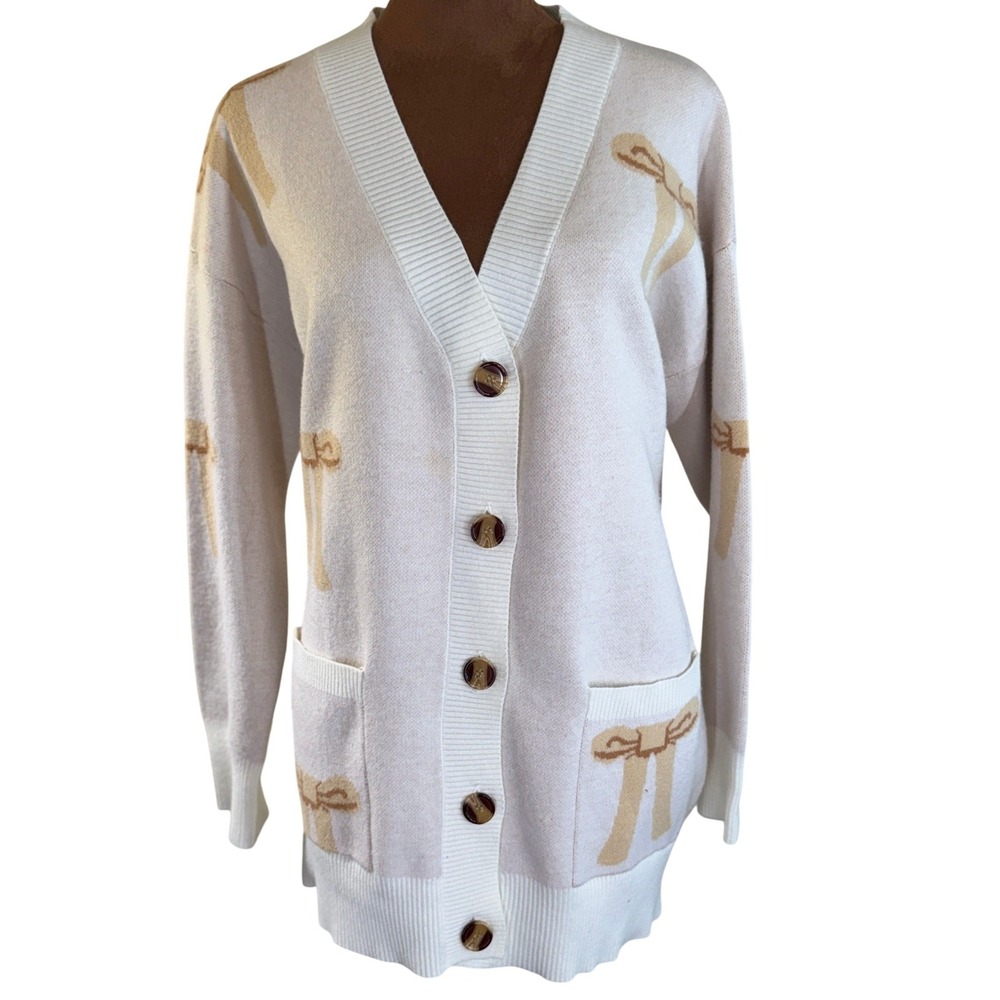 Cream Bow Print V-Neck Cardigan Women Medium Beige Button Knit Cottagecore‎ EUC